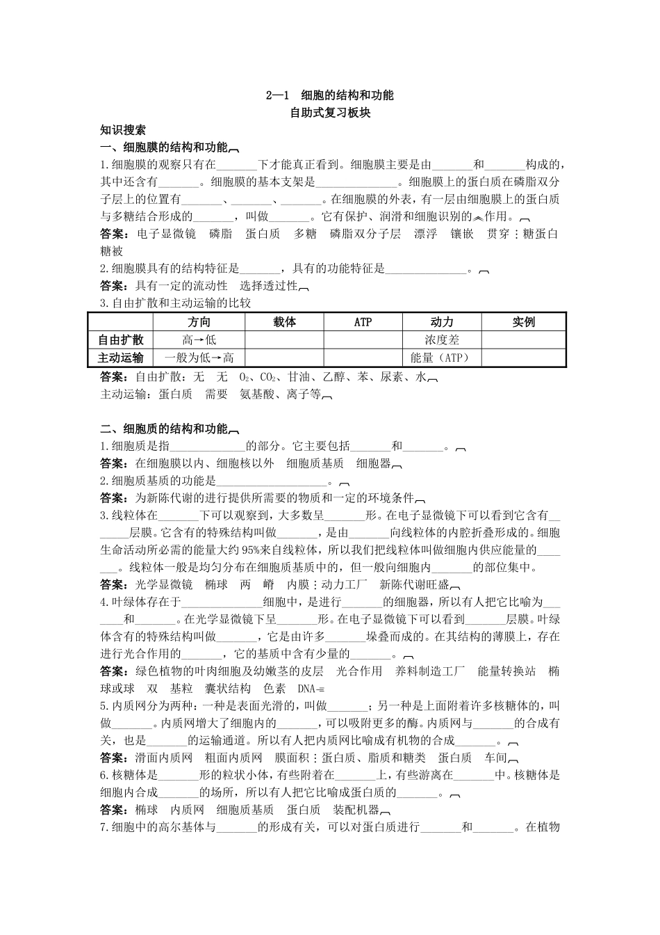 细胞的结构和功能自助式复习板块_第1页