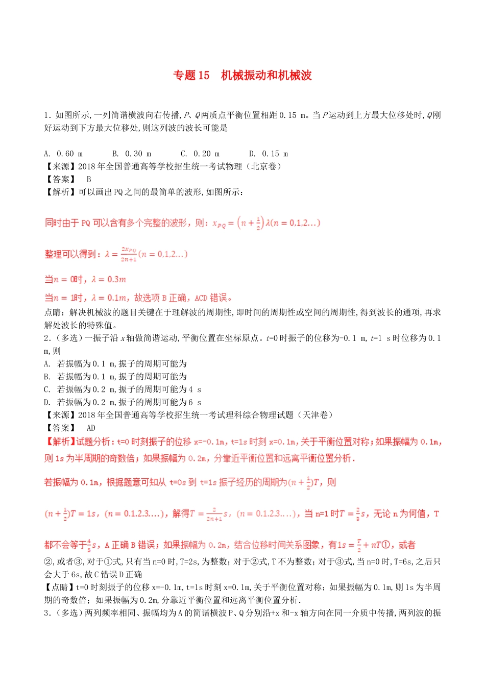 专题15机械振动和机械波测试练习题_第1页