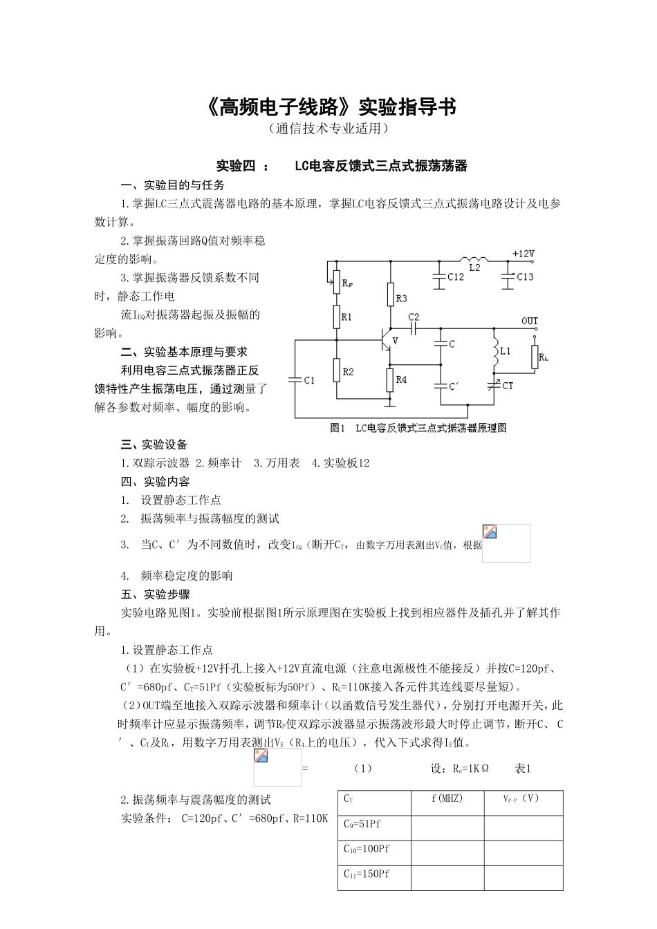 《高频电子线路》课程实验指导书（通信技术专业适用）_第1页