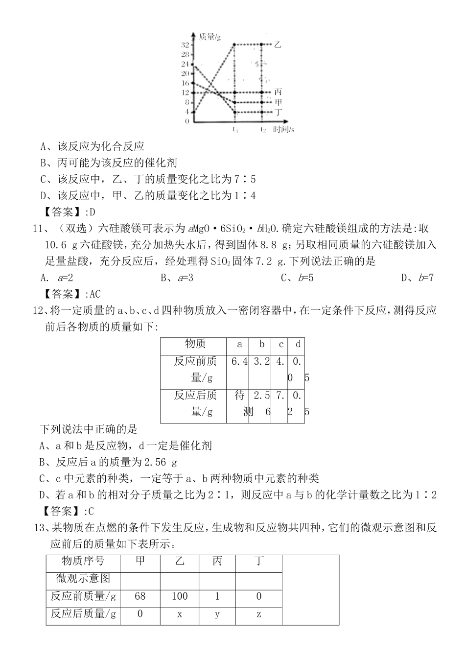 质量守恒定律练习测试题_第3页