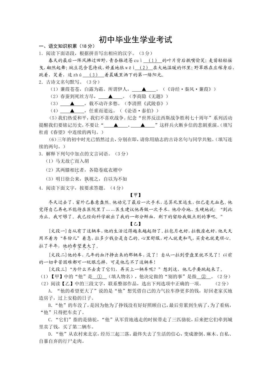 中考语文测试：浙江省湖州市初中毕业生学业考试_第1页