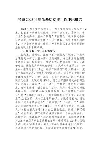 乡镇2023年度抓基层党建工作述职报告