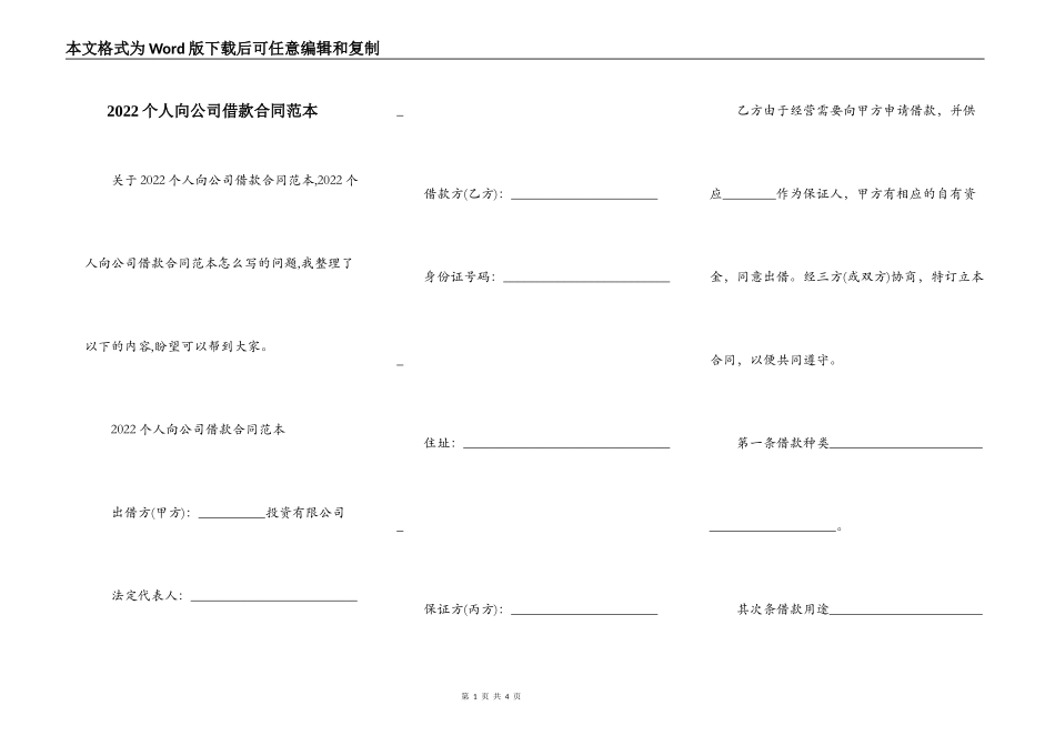 2022个人向公司借款合同范本_第1页