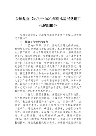 乡镇党委书记关于2023年度抓基层党建工作述职报告