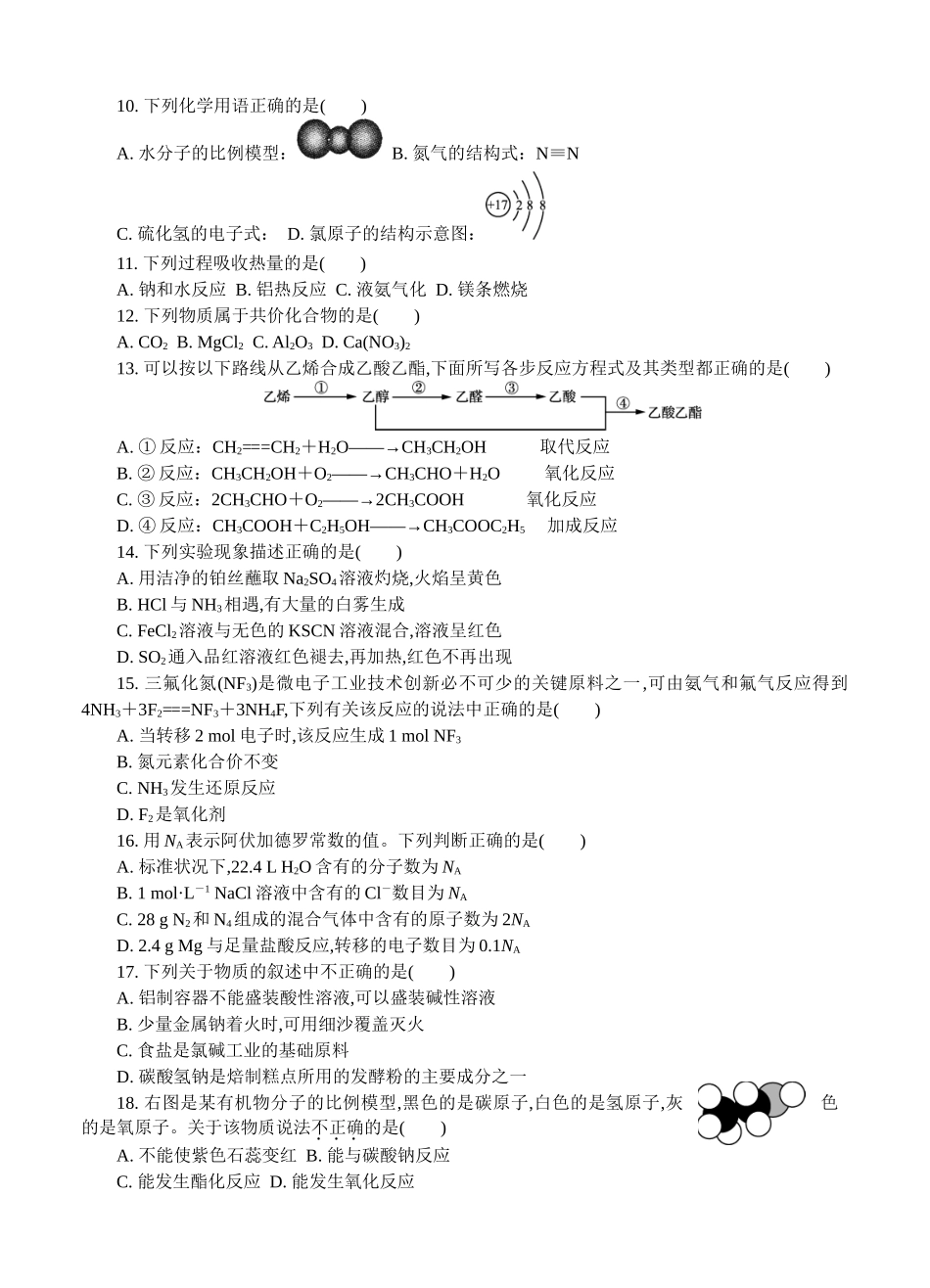 2024届高二学业化学水平测试模拟卷_第2页