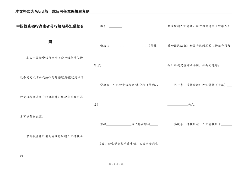 中国投资银行湖南省分行短期外汇借款合同_第1页