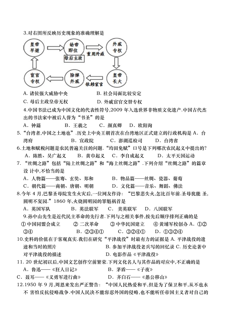 2024年东营市初中学业水平考试历史试题_第2页