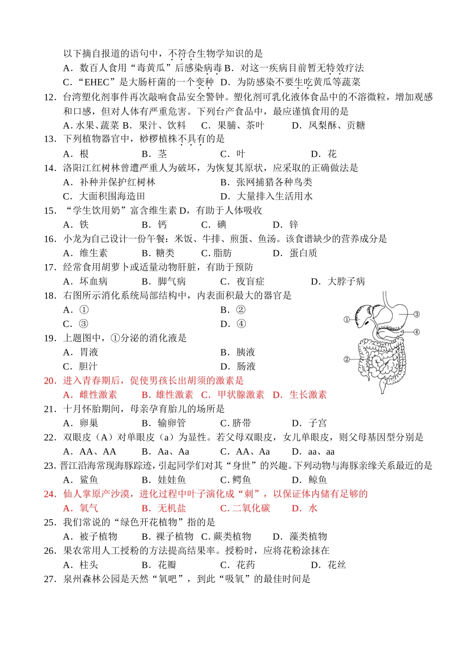 2024年福建省泉州市初中毕业、升学考试生物试题_第2页