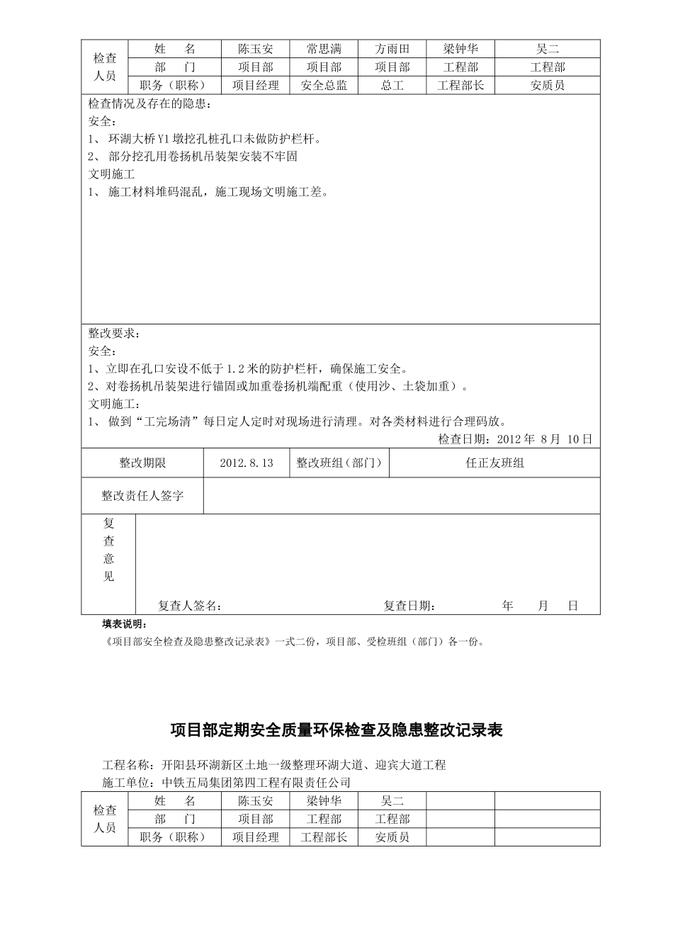 项目部定期安全质量环保检查及隐患整改记录表_第2页