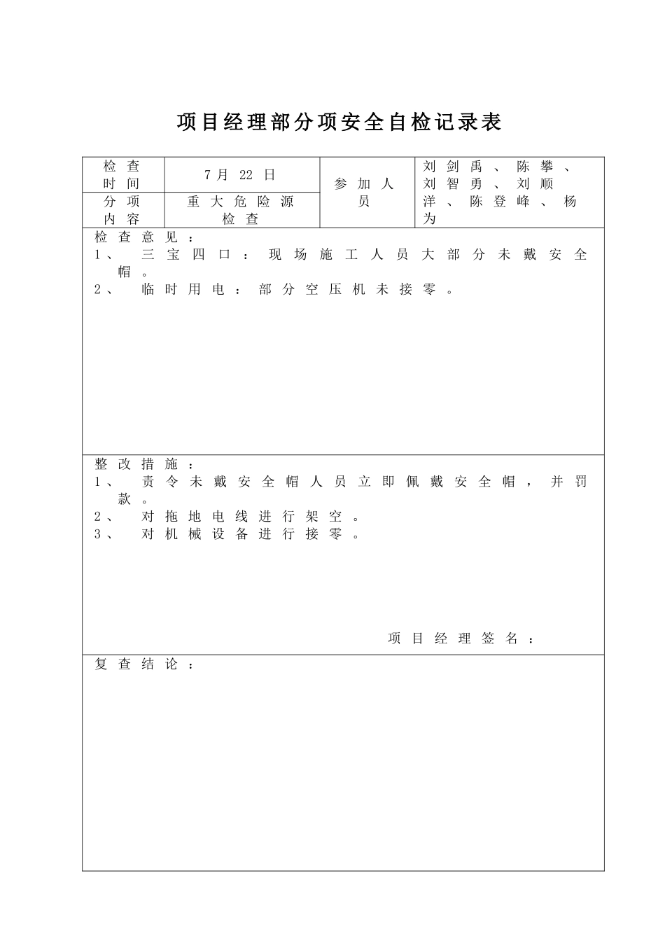 项目经理部分项安全自检记录表_第2页