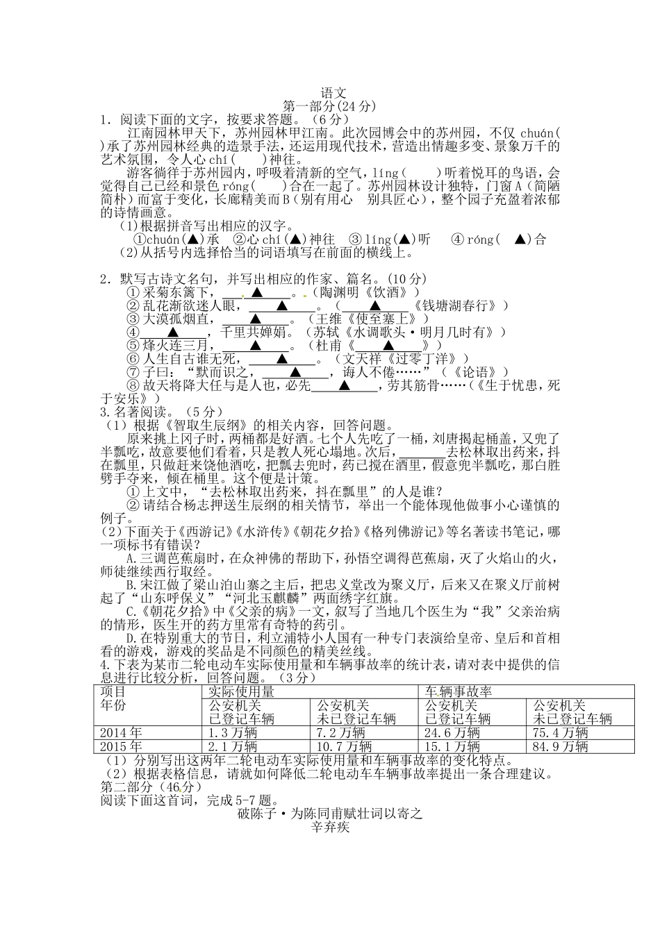 2024年苏州市语文初中毕业暨升学考试试卷_第1页