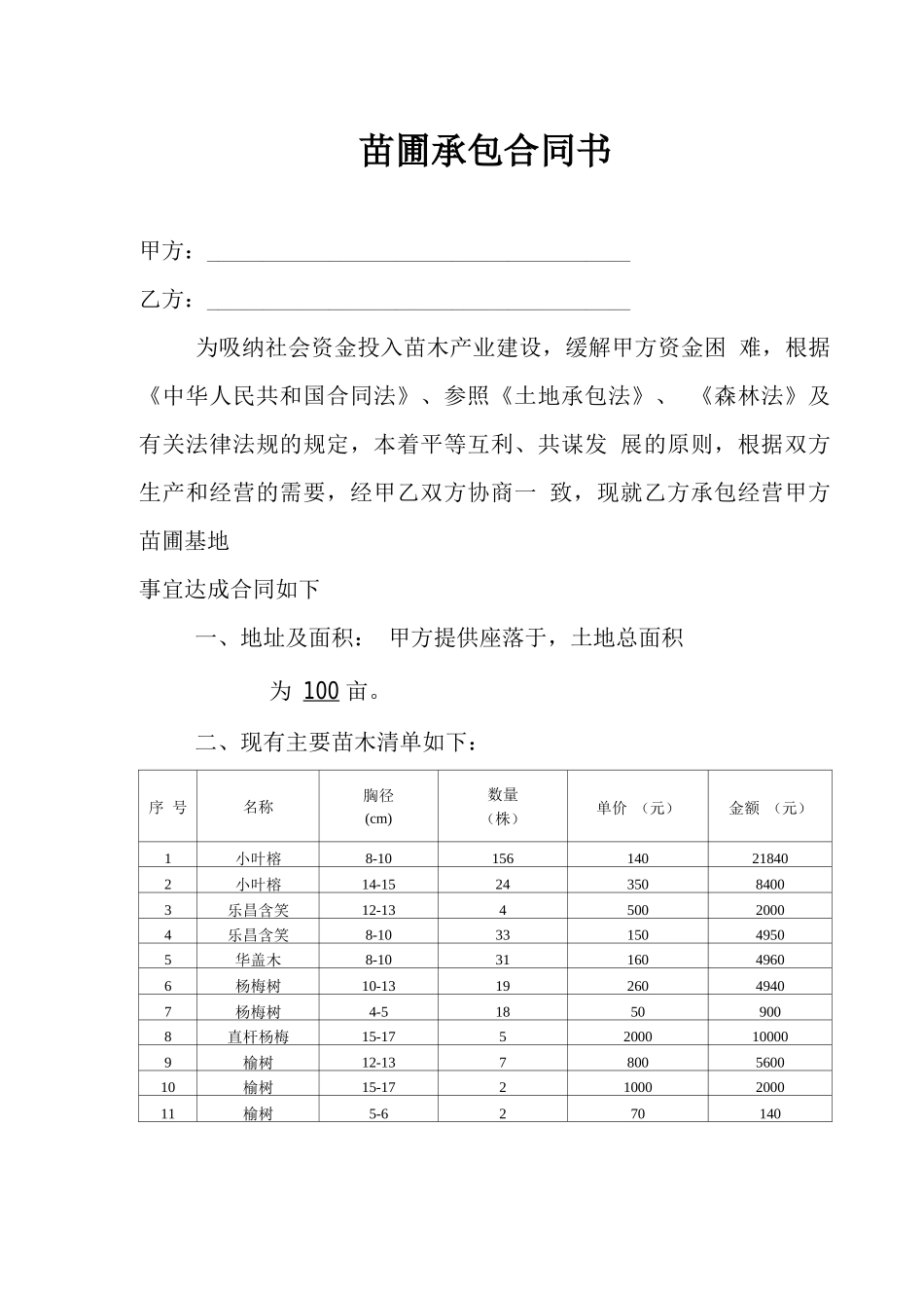 苗圃地承包合同书_第1页
