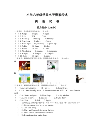 小学六年级学业水平模拟考试英语试卷