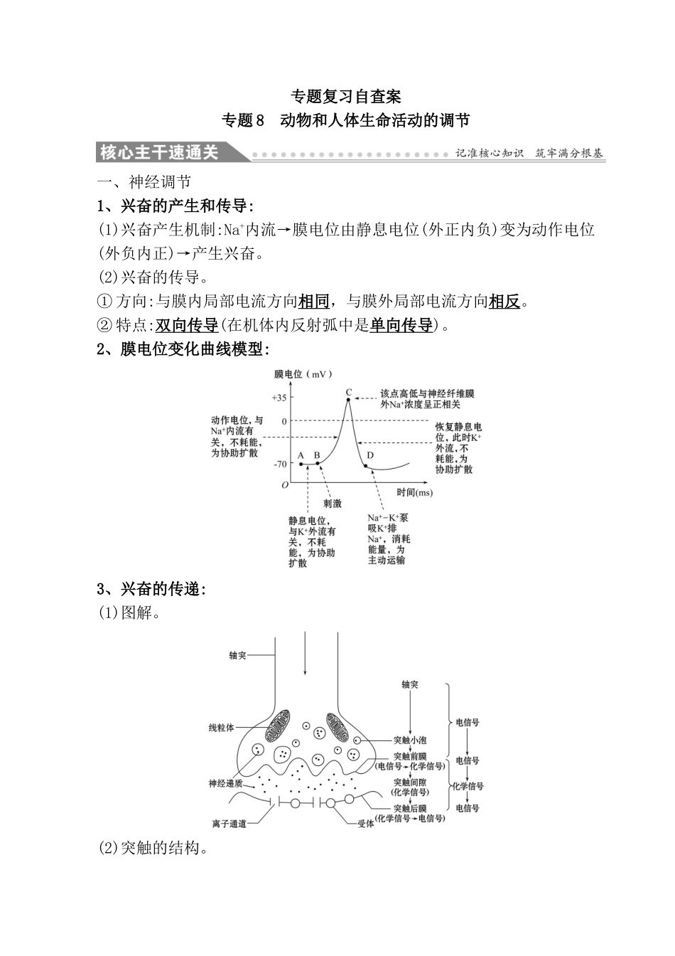动物和人体生命活动的调节专题复习自查案_第1页
