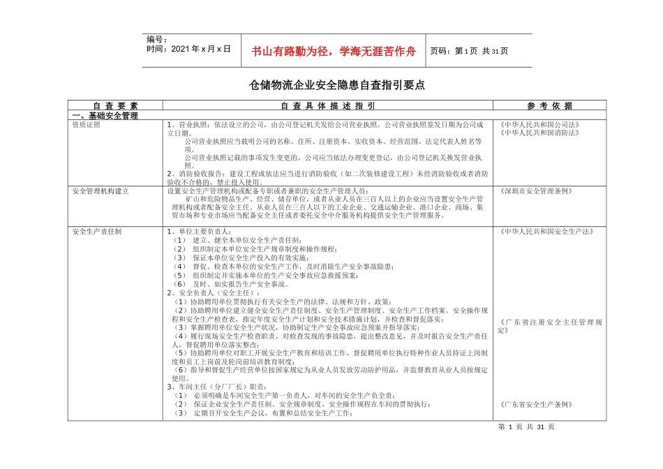 仓库物流企业安全隐患自查通用指引_第1页
