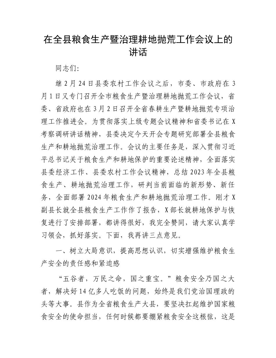 在全县粮食生产暨治理耕地抛荒工作会议上的讲话_第1页
