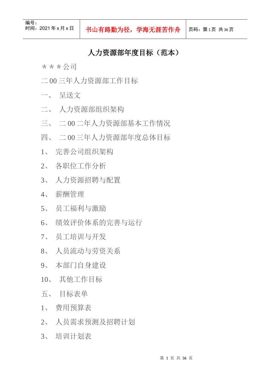 人力资源部年度目标管理_第1页