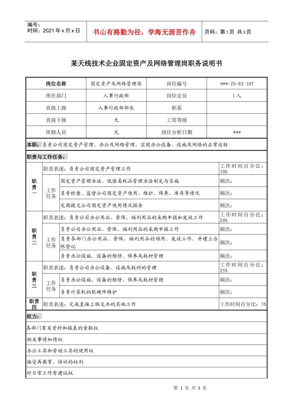 企业固定资产及网络管理岗职务说明书_第1页