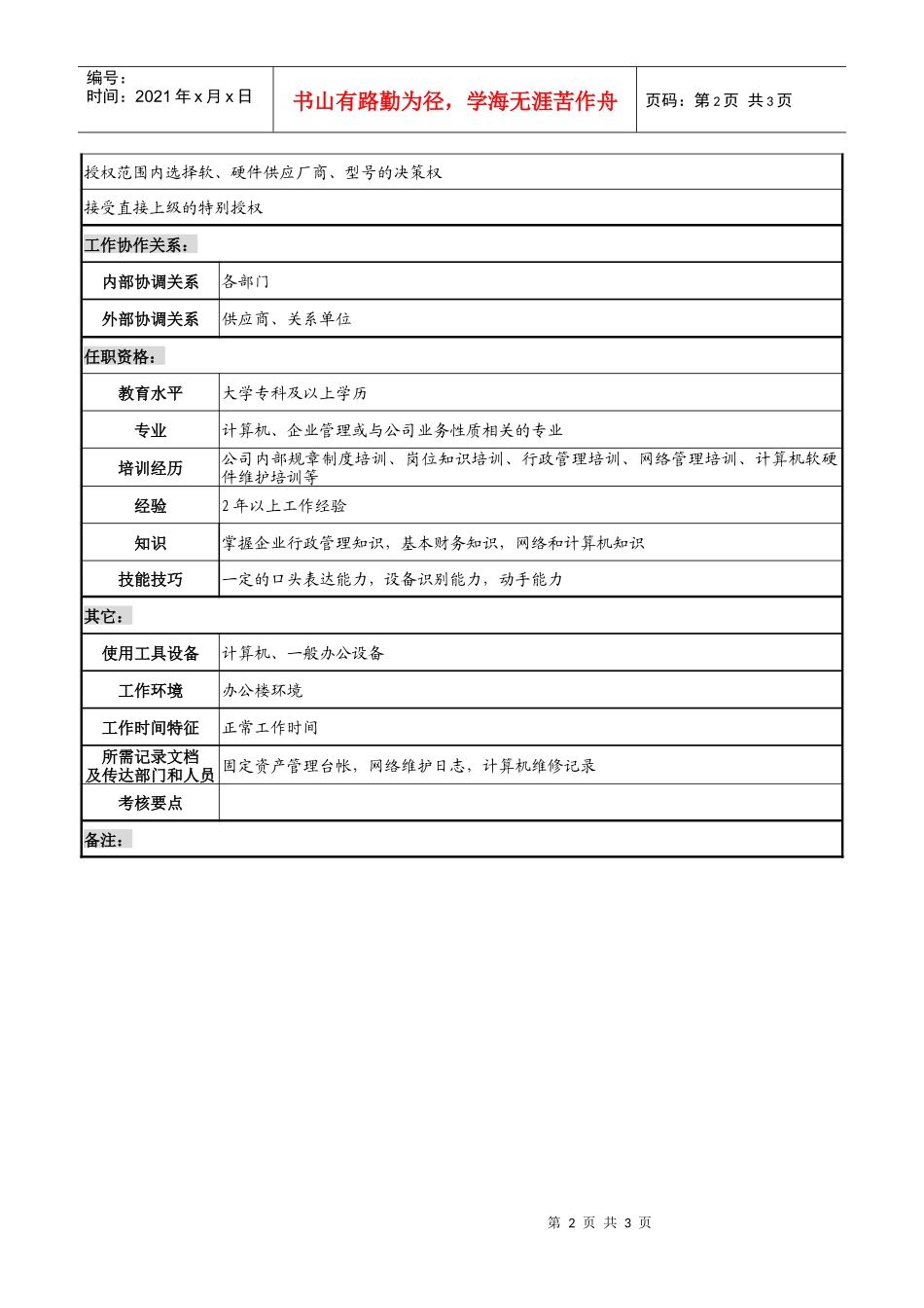 企业固定资产及网络管理岗职务说明书_第2页