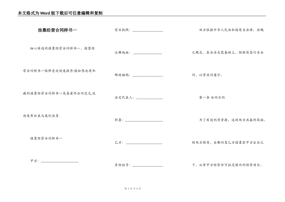 挂靠经营合同样书一_第1页