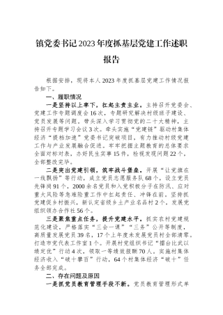 镇党委书记2023年度抓基层党建工作述职报告