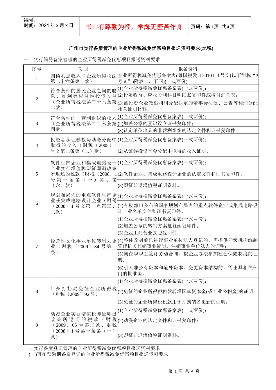 企业所得税减免优惠项目报送资料要求doc-广州市实行备案_第1页
