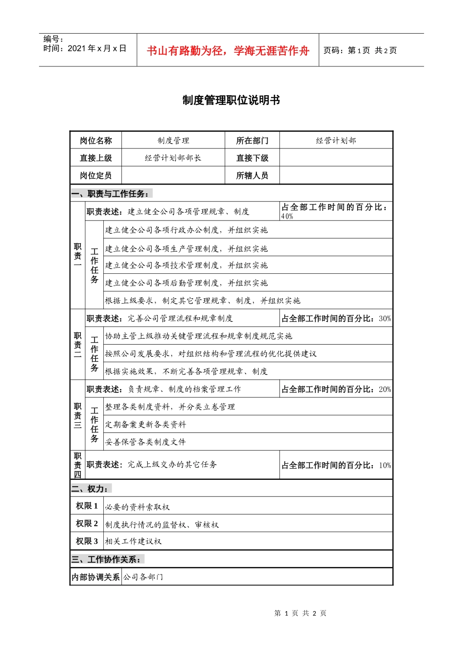 仪器生产企业制度管理职位说明书_第1页
