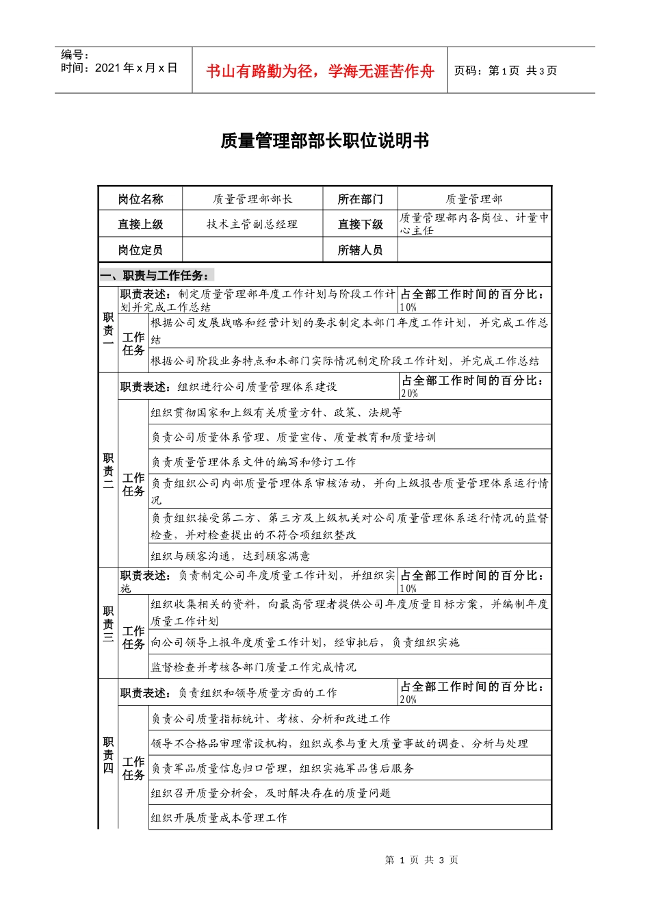 仪器生产企业质量管理部部长职位说明书_第1页
