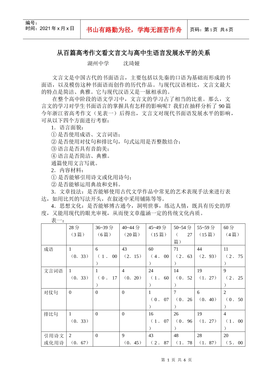 从百篇高考作文看文言文与高中生语言发展水平的关系_第1页