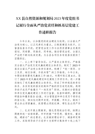 XX县自然资源和规划局2023年度党组书记履行全面从严治党责任和抓基层党建工作述职报告