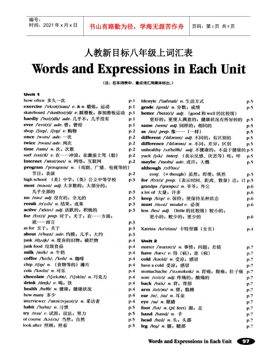 人教新目标八年级上词汇表_第1页