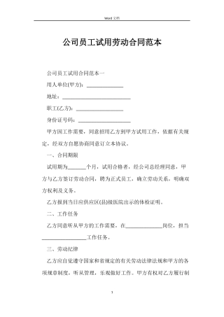 公司员工试用劳动合同