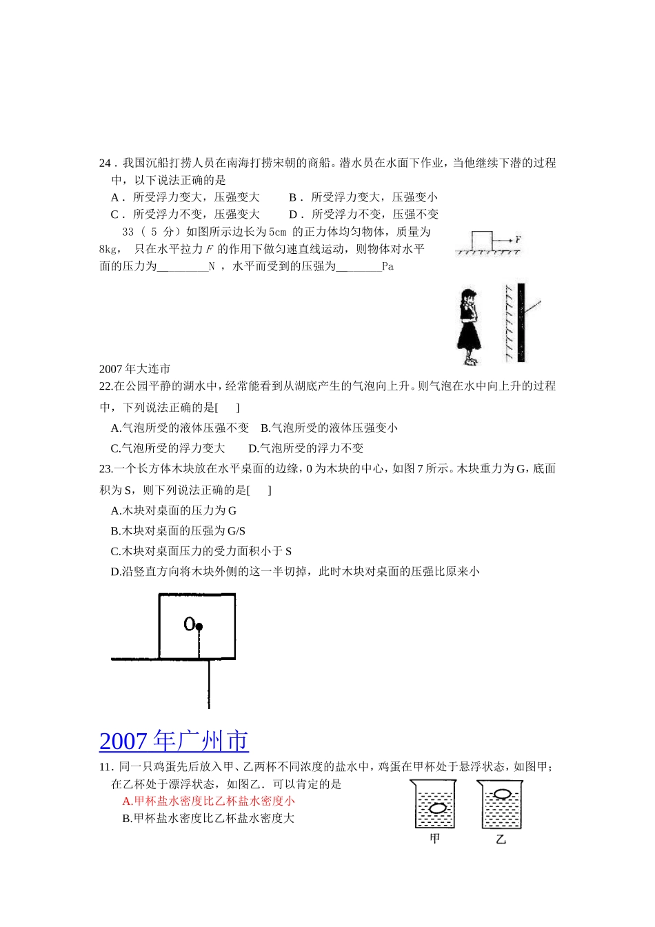 2024年压强和浮力中考分类汇编_第1页