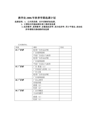 教学处秋季艺术教研室学期选课计划