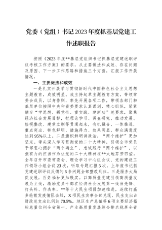 党委（党组）书记2023年度抓基层党建工作述职报告