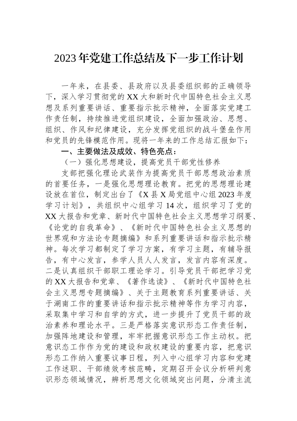 2023年党建工作总结及下一步工作计划_第1页