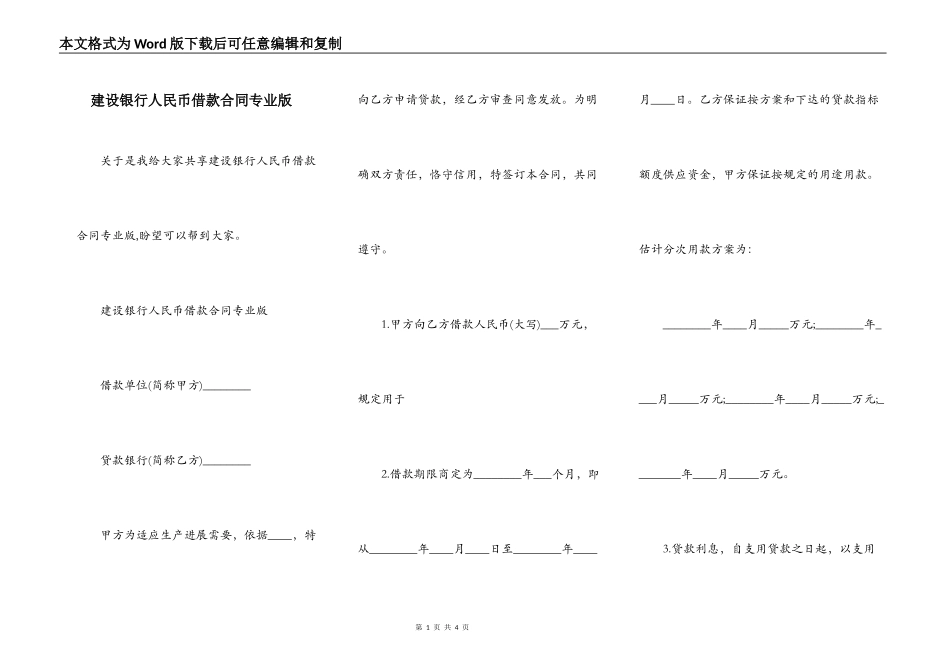 建设银行人民币借款合同专业版_第1页