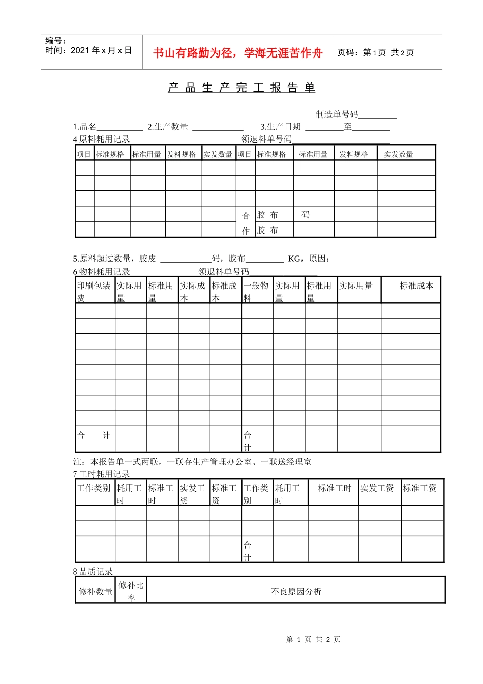 产品生产完工报告单_第1页