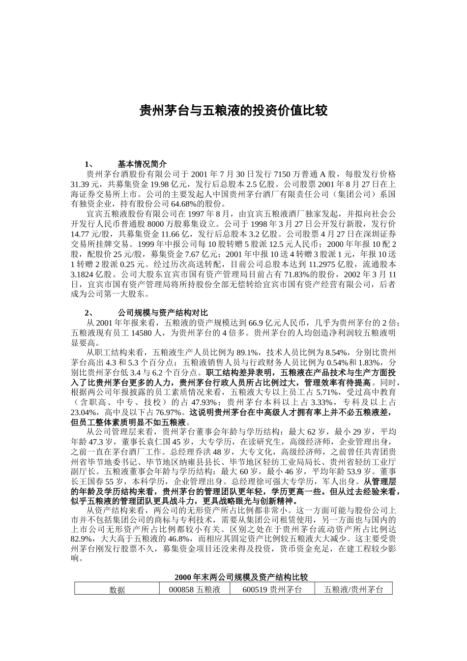 五粮液和贵州茅台的投资价值比较_第1页