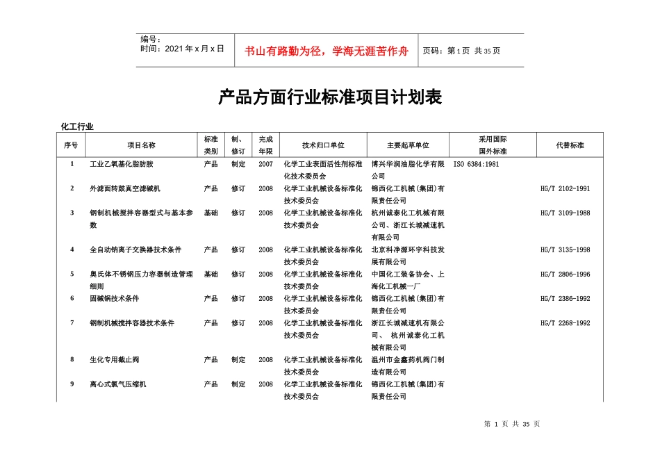 产品方面行业标准项目计划表_第1页