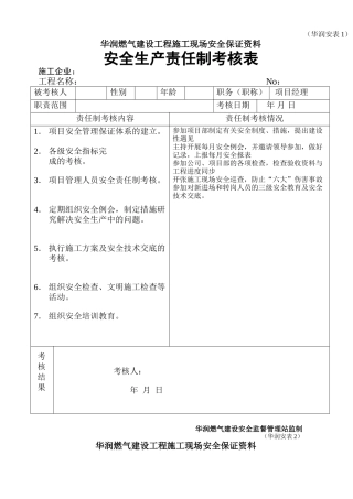 工程现场管理安全生产责任制考核表