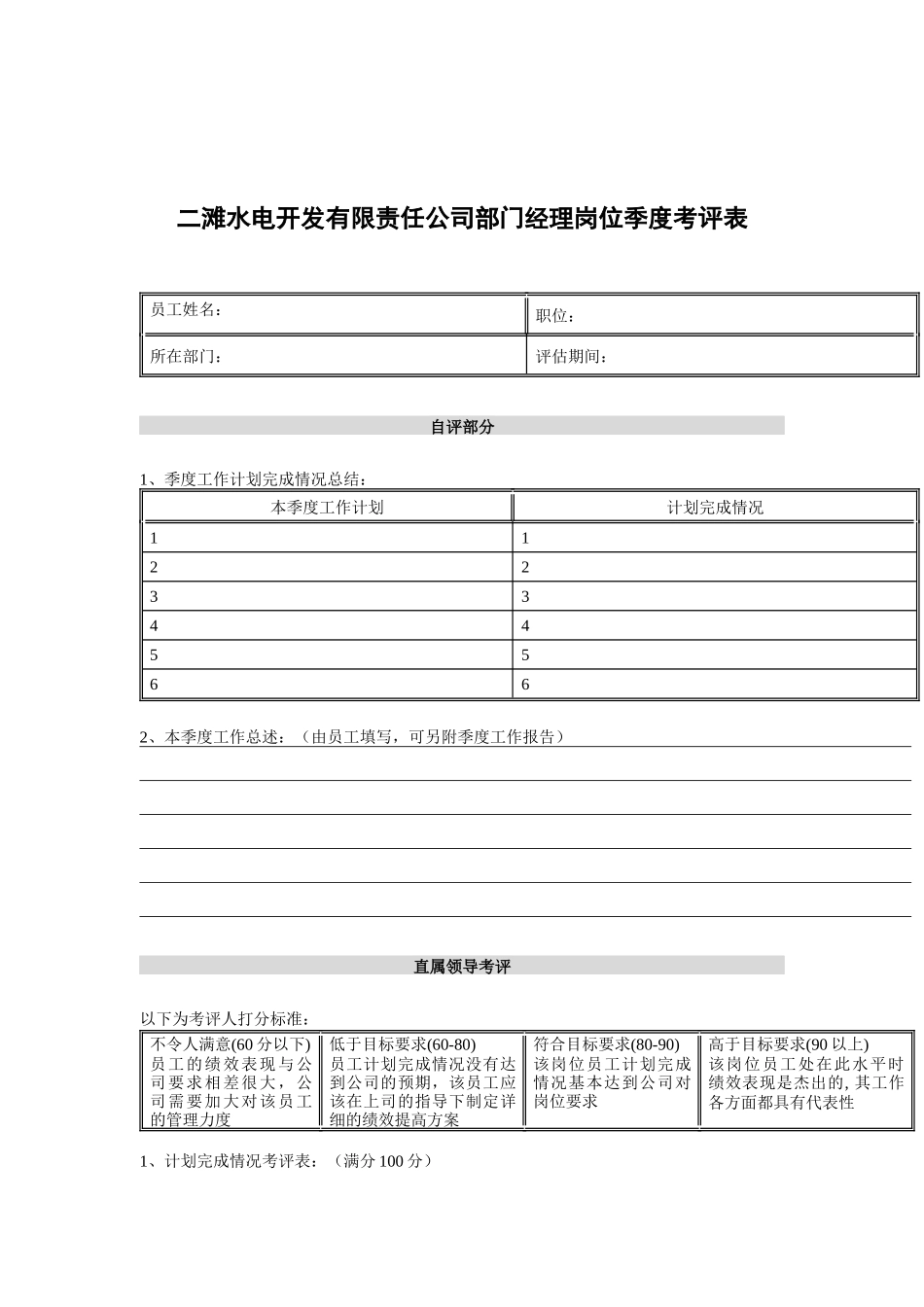 二滩水电开发有限责任公司部门经理岗位季度考评表_第1页