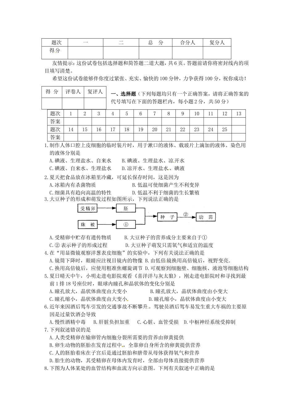 湖南湘潭2024年初中生物学联赛初赛试题_第1页