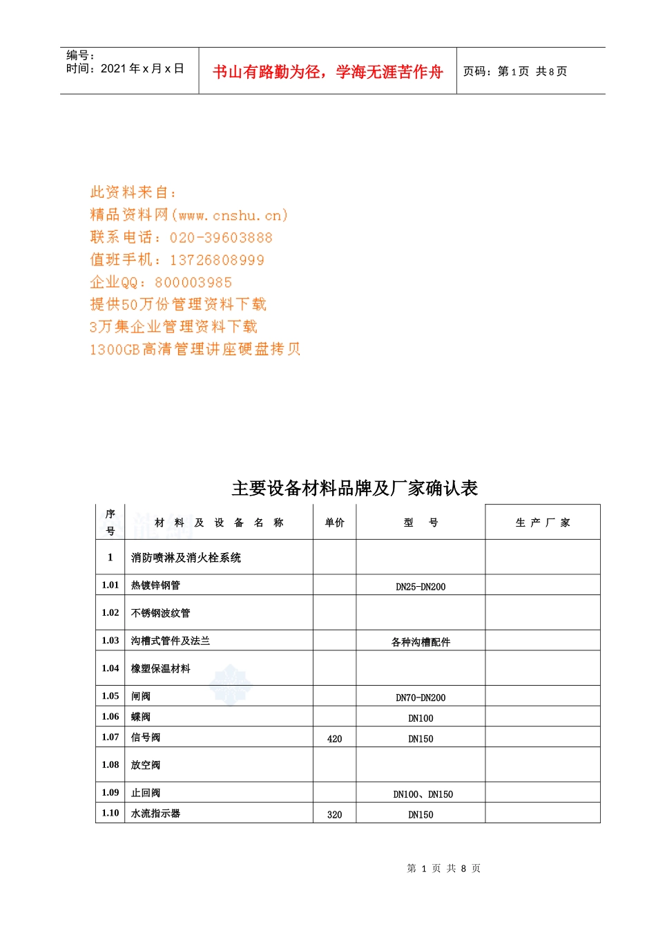 主要设备材料品牌与厂家确认表_第1页