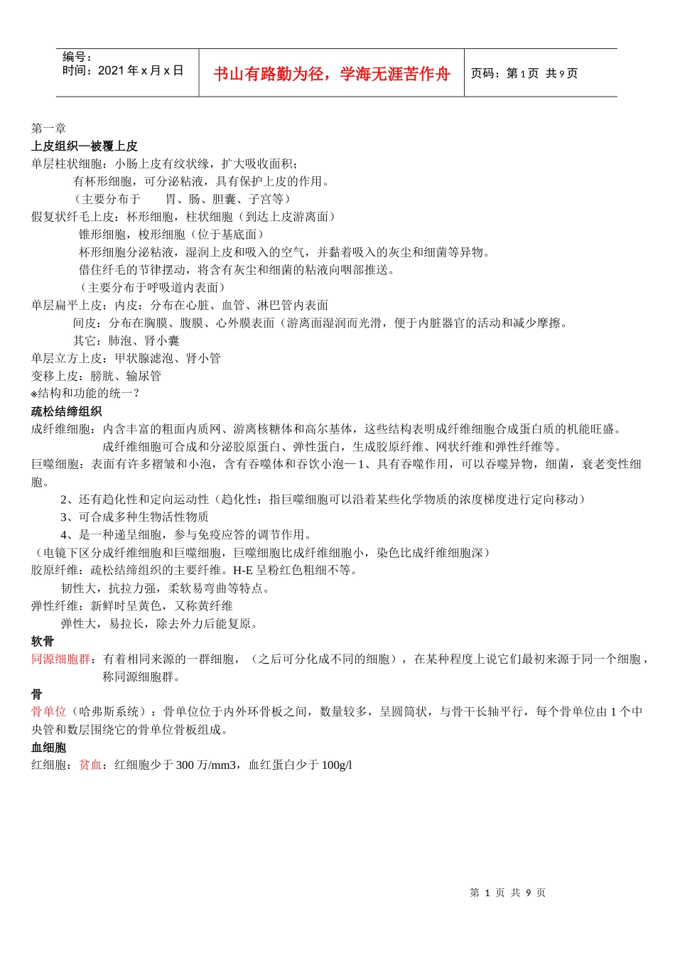 人体组织解剖学复习材料 整理_第1页