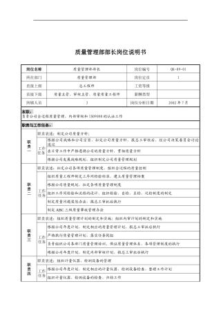 乾坤木业公司质量管理部部长岗位说明书