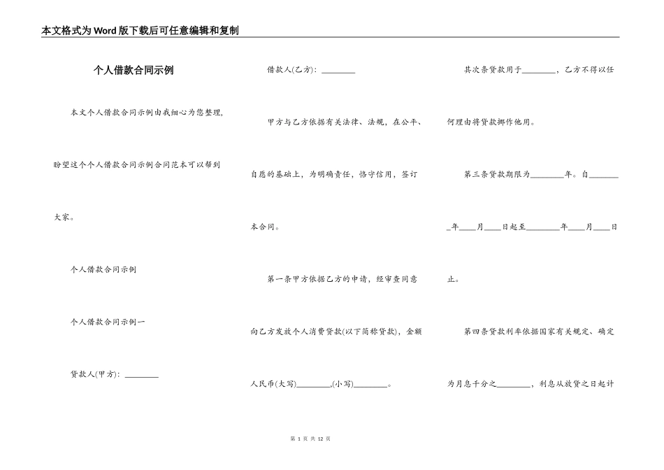 个人借款合同示例_第1页