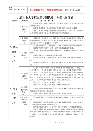 九江职业大学校级教学团队建设标准(讨论稿)