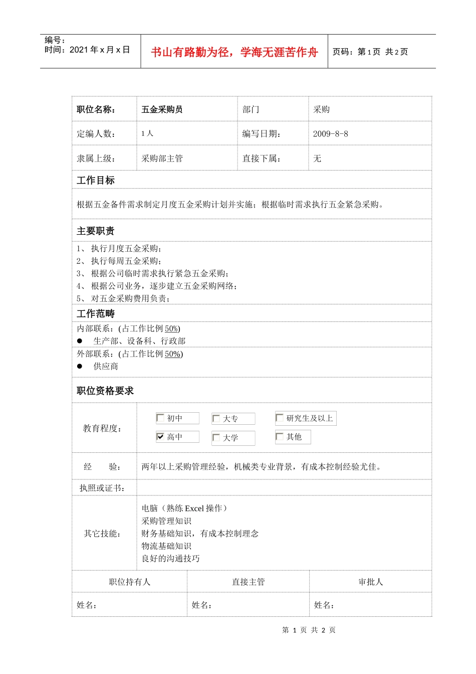 五金采购员岗位说明书_第1页