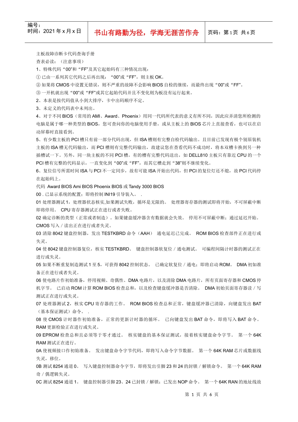 主板故障诊断卡代码查询手册_第1页